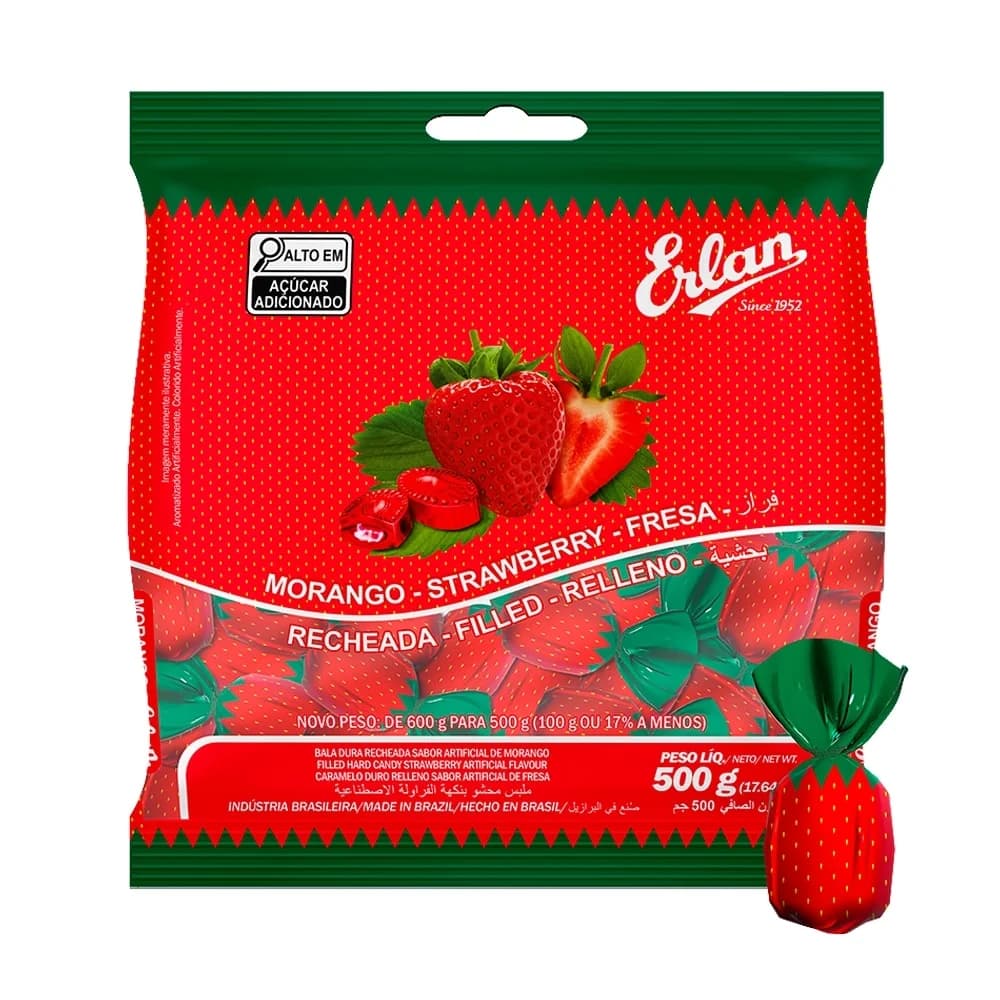 BALA RECHEADA  ERLAN 500GR MORANGO