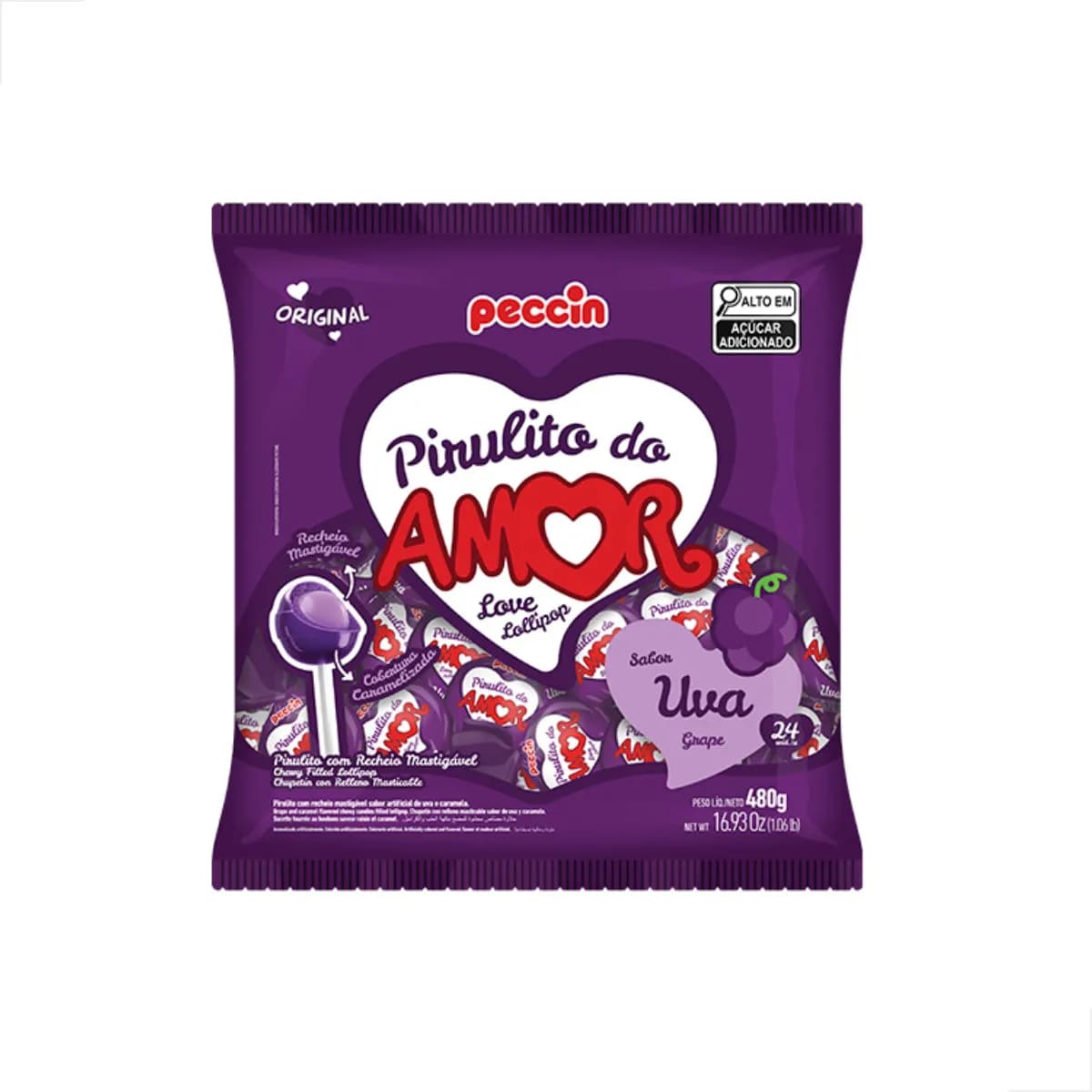 PIRULITO PECCIN LOVE LOLLIPOP 480G UVA